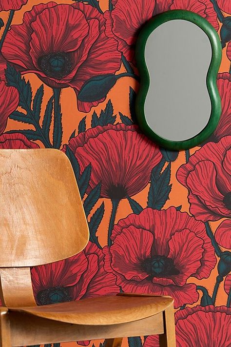 Katerina Kirilova Red Poppy Garden Removable Wallpaper at Urban Outfitters Stucco Accent Wall, Wallpaper Bali, Apartment Planning, Renter Friendly Wallpaper, Marble Duvet Cover, Poppy Wallpaper, Poppy Garden, Plant Art Print, Pinterest Contest