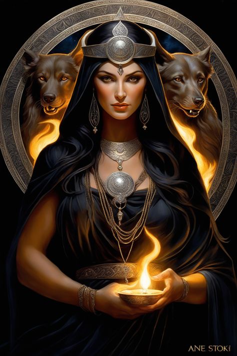 Greek Goddess Art, Hecate Goddess, Fire Goddess, Fantasy Witch, Gothic Fantasy Art, Fantasy Magic, Greek Mythology Art, Tarot Art, Mythology Art