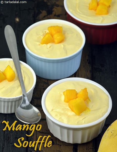 Mango Souffle, Eggless Mango Souffle Mango Souffle, Mango Shrikhand, Mango Desserts, Gelatin Powder, Mango Dessert Recipes, Classic French Desserts, Souffle Recipes, Mango Pudding, Mango Dessert