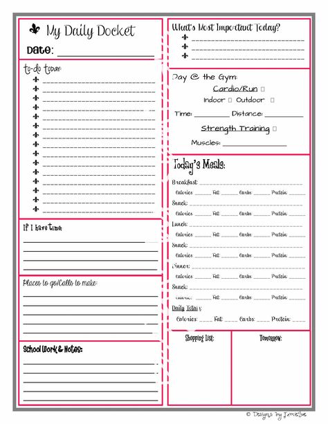 Visit https://www.etsy.com/listing/164473188/daily-docket-with-gym-meal-log-printable?ref=shop_home_active (c) DesignsbyJamieSue Daily Docket, Control Journal, Organizing Tools, Cleaning Organization, Daily Printable, Daily Weekly Planner, Routine Ideas, Etsy Inspiration, Bullet Planner