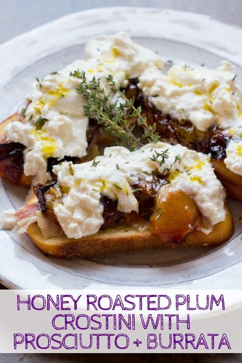 Honey Roasted Plum Crostini with Prosciutto + Burrata | Easy summer appetizer recipe! Sweet, salty, creamy, crunchy, and just so delicious! #crostini #plums #recipe #appetizer #summer #prosciutto #burrata | ColeyCooks.com Parmesan Shortbread, Appetizer Sweet, Summer Appetizer Recipes, Summer Appetizers Easy, Summer Appetizer, Honey Recipes, Honey Roasted, Unique Recipes, Easy Summer