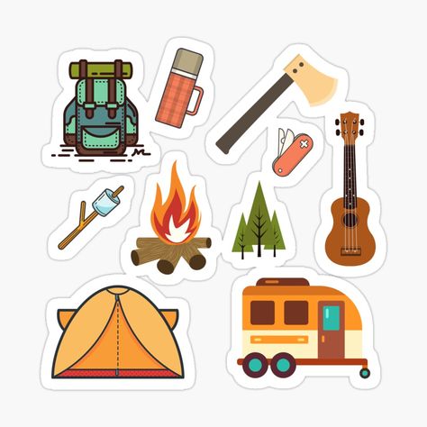 Get my art printed on awesome products. Support me at Redbubble #RBandME: https://www.redbubble.com/i/sticker/Camping-Theme-Sticker-Sheet-by-StickyFun/60007846.EJUG5?asc=u Camping Images, Cute Camping, Mini Cooper R56, Mini Coopers, Camping Theme, Recreational Activities, Book Art Diy, Camping Fun, Adventure Camping