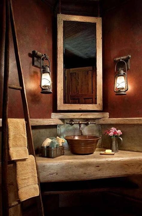 Dreamy cabin retreat perched on a rocky mountainside in North Carolina Small Rustic Bathrooms, Small Rustic Bathroom Ideas, Small Rustic Bathroom, Rustic Bathroom Wall Decor, Rustic Powder Room, Powder Room Design Ideas, Country Bathroom Decor, Primitive Bathrooms, Paintings Easy