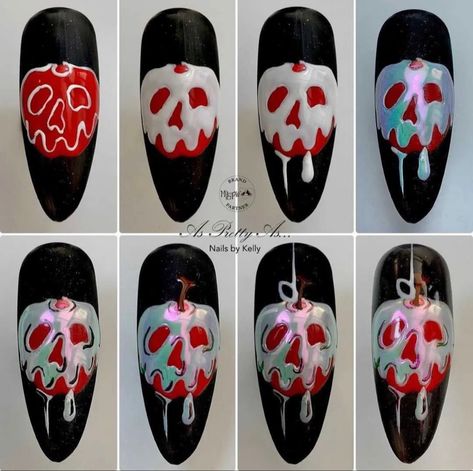 Poisoned Apple Nails, Poison Apple Nail Art, Nail Art Pictorial, Poison Apple Nails, Poison Nails, Horror Nail Art, Apple Nails, Halloween Nail Art Tutorial, Halloween Nail Art Easy