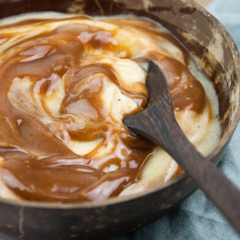 Salted Caramel Swirl Nice Cream - Elephantastic Vegan Salted Caramel Sauce, Agave Syrup, Nutrition Labels, Nice Cream, Recipe Images, Frozen Banana, Caramel Sauce, Almond Butter, Saturated Fat