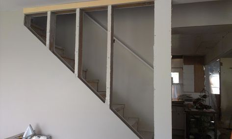 Opening Up Staircase Wall, Open Basement Stairs, Stunning Staircases, Staircase Glass, Cool Basement Ideas, Basement Staircase, Stairwell Wall, Chill Spot, House Flipping