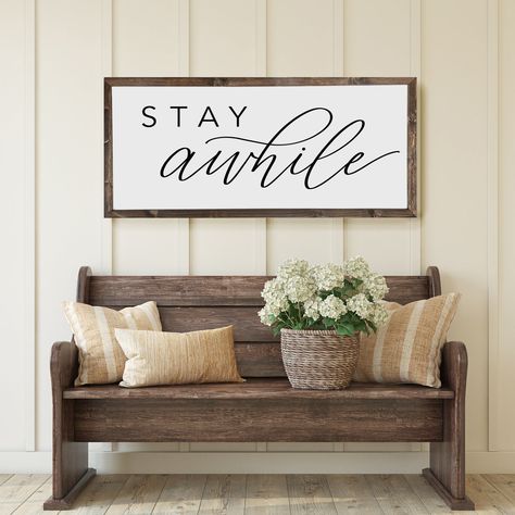 Wall Art Farmhouse Style, Stay Awhile Sign, Entryway Porch, Entryway Signs, Wall Art Farmhouse, Wood Frame Sign, Rustic Wall Art, Home Decor Signs, Rustic Wall