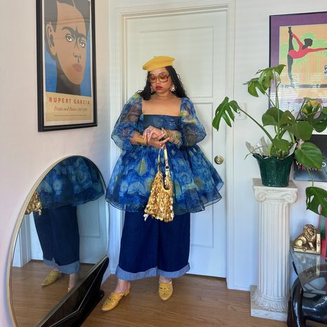 ✨check the specs: @selkie Starry Night Silk Puff Dress (got me lookin’ like fine art), paired with my @cookman.usa wide leg denim, vintage shades & mules, Great Grandma’s purse, a bunch of fashion jewelry for the maximalist girlies, and the return of Jarae’s Berets iykyk✨ #selkiepartner use “JARAE” at checkout for a discount, who doesn’t love a discount! Maximalist Fashion Style, Maximalist Outfit, Maximalist Fashion, Grandma Fashion, Great Grandma, Puff Dress, Big Bust, Berets, Wide Leg Denim