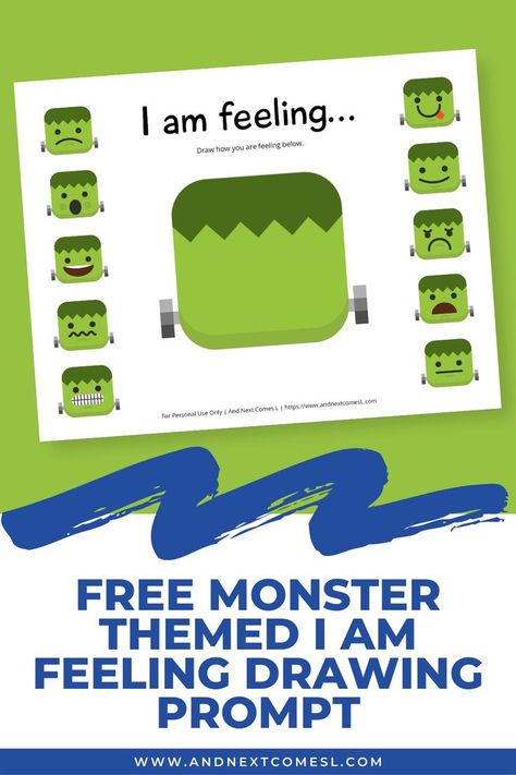 A screenshot of a Halloween printable for kids that shows a blank Frankenstein's monster face with other Halloween emojis on the sides. There is a text overlay that says Free Monster Themed I am Feeling Drawing Prompt. Crankenstein Activities, Feeling Drawing, Emotions Preschool, Halloween Themed Activities, Feelings Activities, Emotions Activities, Free Printable Halloween, Social Emotional Activities, Feelings Chart