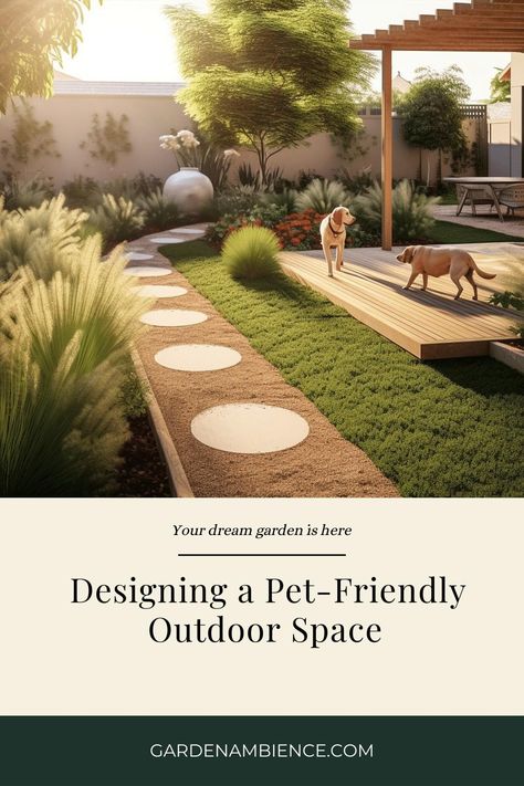 Tips and ideas for creating an outdoor space that's safe and enjoyable for your pets. Learn about pet-friendly plants, secure fencing, and more. Pet Friendly House Ideas, Dog Friendly Garden Design, Pet Outdoor Area, Landscape Ideas Dog Friendly, Backyard Ideas Dog Friendly, Small Garden For Dogs, Pet Relief Area Backyard, Small Pet Friendly Backyard Ideas, Pet Friendly Garden Ideas