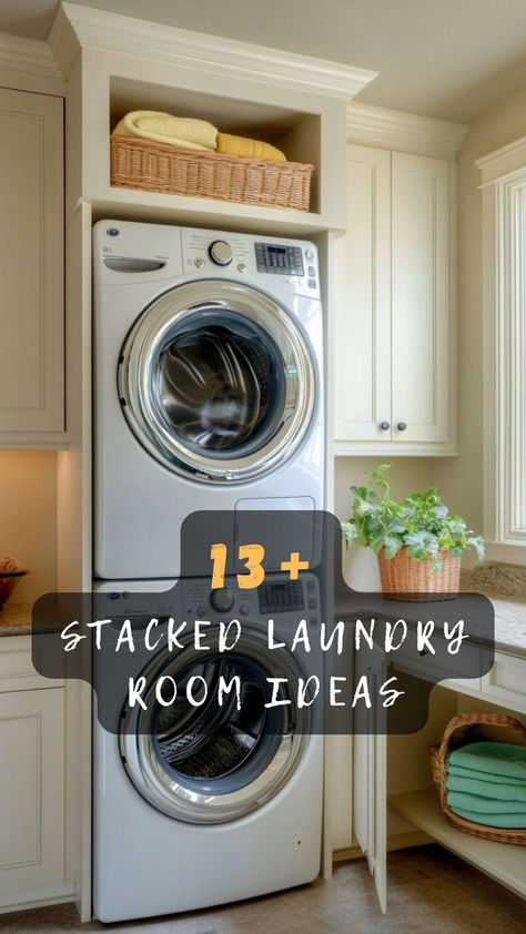 Looking to save space in your home? Click to discover 13 stacked laundry room ideas that maximize efficiency and style in tight spaces. 🔄🧺 #LaundryRoomDesign #SpaceSaving #HomeOrganization #EfficientHomes #StackedLaundry Stacked Utility Room, Laundry With Stacked Washer And Dryer, Stacked Washer And Dryer Ideas, Laundry Room Cabinet Ideas Stackable, Laundry Room Tall Ceilings, Laundry Rooms With Stackable Units, Laundry Room Organization Stacked Washer, Laundry Room Design Small Layout, Walk Thru Laundry Room From Garage