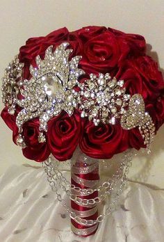 Untitled Red Quinceanera Ideas, Quinceanera Bouquet, Jeweled Bouquet, Red Wedding Theme, Red Bouquet Wedding, Brooch Wedding, Bridal Brooch Bouquet, Red Wedding Flowers, Wedding Brooch Bouquets