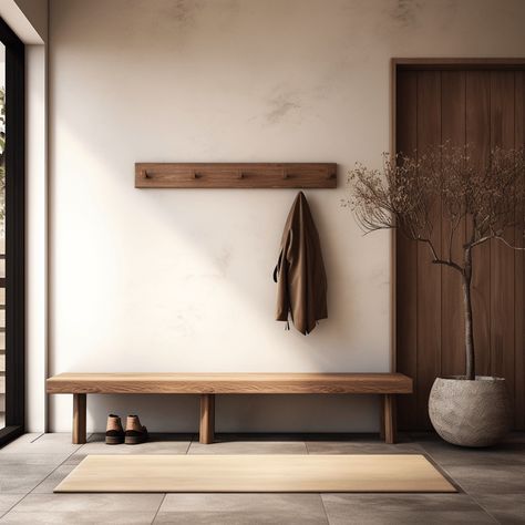 Japandi Bench - 11 Gorgeous Examples and What to Look For Small Entryway Ideas Japandi, Entryway Decor Japandi, Japandi Bench Design, Minimalist Entrance Hall, Minimalist Entryway Bench, Japandi Entryway Bench, Hallway Drop Zone Ideas, Entryway Organic Modern, Japandi Entryway Ideas