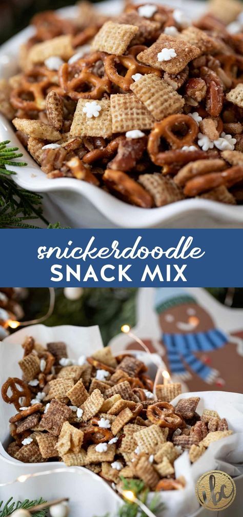 Looking for a festive holiday snack? This Snickerdoodle Snack Mix combines Chex cereal, pretzels, pecans, and toffee bits, all coated in a buttery cinnamon-sugar mix. Quick to prepare and full of flavor, this mix is a seasonal favorite that’s hard to resist! Snickerdoodle Muddy Buddies, Pretzel Seasoning Recipes, Cinnamon Chex Mix Recipes, Sweet Snack Mix Recipes, Cinnamon Chex Mix, Crunchy Stuff, Chex Snack Mix, Christmas Snack Mix, Cinnamon Chex