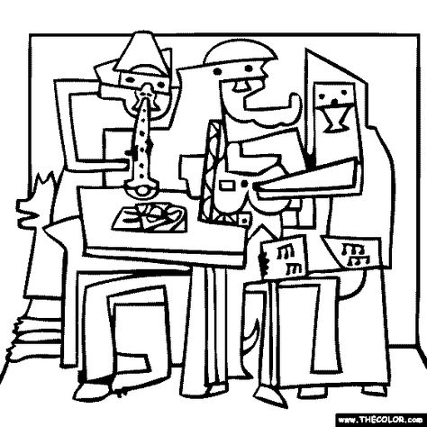 100% free coloring page of Pablo Picasso painting - Three Musicians. You be the master painter! Color this famous painting and many more! You can save your colored pictures, print them and send them to family and friends! Pablo Picasso Most Famous Painting, Pablo Picasso Three Musicians, 3 Musicians Picasso Art Projects, Three Musicians Picasso, Picasso Musicians, Picasso Coloring Pages, Pablo Picasso Artwork, Three Musicians, Pablo Picasso Paintings