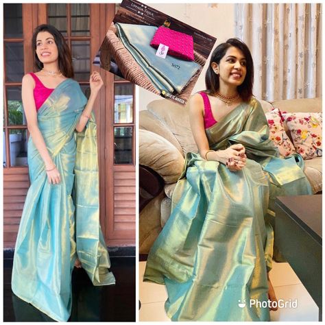 Cotton Tissue Saree, Uppada Tissue Sarees, Tissue Material Dress Design, Bottle Green Pattu Saree, Tissue Silk Saree Blouse Design, Tissue Saree Blouse Designs Latest, Tissue Saree Blouse Designs, Pearl Blouse, Bollywood Designer Sarees