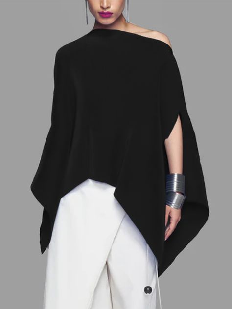 One Shoulder Shirt, Batwing Sleeve Blouse, Moda Boho, Korean Casual, Shoulder Shirts, Batwing Sleeve, Bat Wings, Black Blouse, Moda Casual