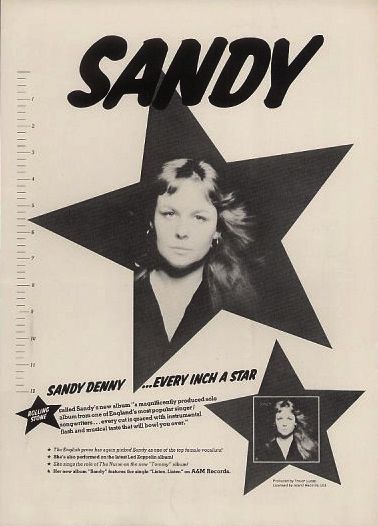 Rolling Stone ad for Sandy L.P. (A & M label in the U.S.). Lp Singer, Creem Magazine, Fairport Convention, Album Posters, Magazine Cover Design, Poster Ads, Rolling Stone, Record Store, Led Zeppelin