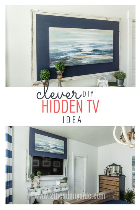 Today we would like to share an innovative solution to a hidden TV. Do you wish you could hide your TV? This was Stephanie’s dilemma! Her hubby, Dan brought home this large TV with his bonus and announced he wanted to hang it on the bedroom wall.She was not a happy camper, but what was she to do? She thought about it and knew if she could conceal it when not it use, she would be happy with it.    Browsing ideas on the web, she was inspired by this hidden TV cover from pottery barn (wh… Diy Hidden Tv, Tv Cabinet Diy, Farmhouse Pantry Cabinets, Hidden Tv Cabinet, Bathtub Cover, Hide Tv, Diy Cabinet Doors, Tv Wall Cabinets, Ocean Artwork