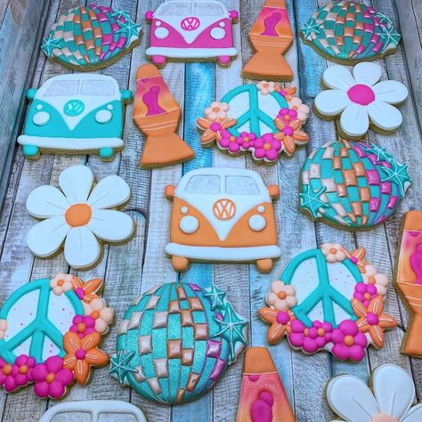 70s Cookies, Vw Cookies, 2024 Cookies, 2 Groovy, Hippie Birthday Party, 70s Theme, Cookie Decorations, Hippie Birthday, Twins Birthday