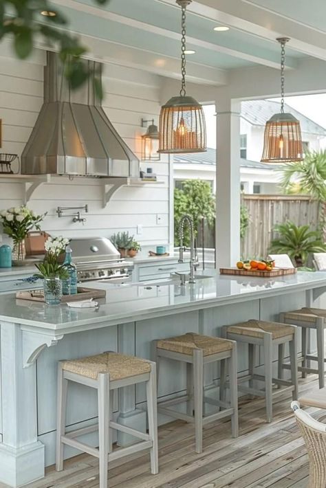 Climbing Plants For Shade, Pool House Kitchen, Summer Kitchens, Hardware For Cabinets, Coastal Houses, Plants For Shade, Covered Outdoor Kitchens, Outdoor Decor Ideas, Carolina House