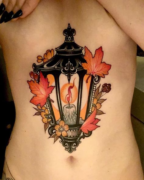 Over the Garden Wall Neotraditional Autumn Tattoo, Witchy Lantern Tattoo, Spooky Lantern Drawing, Lantern Tattoo Neotraditional, Neotraditional Fall Tattoo, Gothic Lantern Tattoo, Neotrad Lantern, Autumn Tattoo Sleeve, Cleric Tattoo