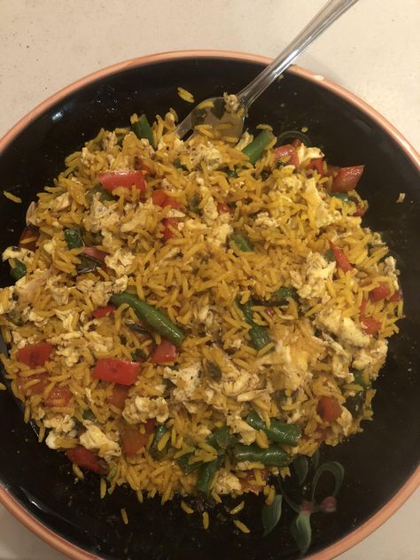 [Homemade] Yellow rice mixed with red bell peppers scrambled eggs green onions green beans Healthy Life Inspiration, Rice Mix, Yellow Rice, Balanced Lifestyle, Red Bell Pepper, Scrambled Eggs, Green Onions, Fried Rice, Home Remedies