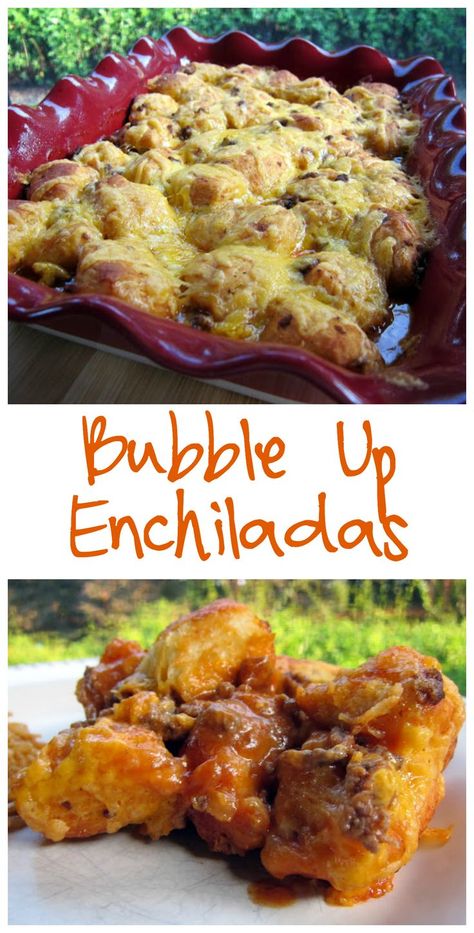 Bubble Up Enchiladas - taco meat, enchilada sauce, tomato sauce, tossed with refrigerated biscuits and topped with cheese - SO delicious. Great way to change up taco night! Biscuits And Cheese, Bubble Up Enchiladas, Plain Chicken Recipe, Beef Taco Seasoning, Ground Beef Taco, Beef Enchilada, Beef Taco, Plain Chicken, Bubble Up