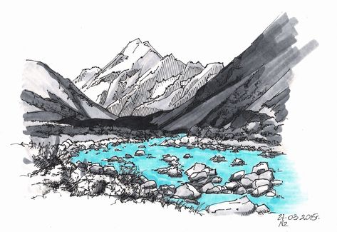 #akukusketch #urbansketch #artsketch #landscapesketch #architecturesketch #architectureart #architecturedrawing #origianlaart #originalartwork #illustration #traveljournal #travelsketch New Zealand Nature, New Zealand Mountains, Mountain Sketch, Urban Sketches, Japan Illustration, New Zealand Landscape, Nature Background Images, Landscape Sketch, Mountain Tattoo