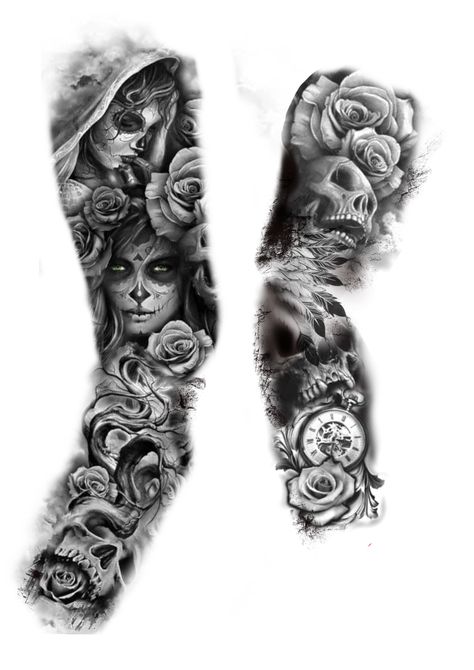 Skull Bicep Tattoo Men, Half Skull Half Face Tattoo Design, Full Arm Sleeve Tattoos For Women Roses, Full Sleeve Tattoo Design For Men Sketch, Full Sleeve Skull Tattoos, Tattoos That Go With Skulls, Mexican Tattoo Ideas For Men Sleeve, Skull Arm Tattoos For Women, Best Cover Up Tattoos For Men