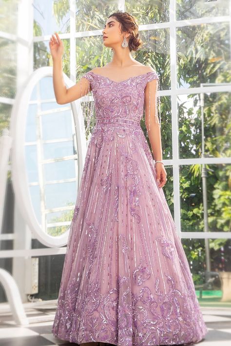 Buy Purple Organza Embroidery Sequin Broad V Neck Off Shoulder Gown For Women by Jiya by Veer Design Studio Online at Aza Fashions. Broad V Neck, Organza Embroidery, Crystal Embroidery, Gown For Women, Off Shoulder Gown, Gown Pattern, Ladies Gown, Pattern Embroidery, Gowns Online