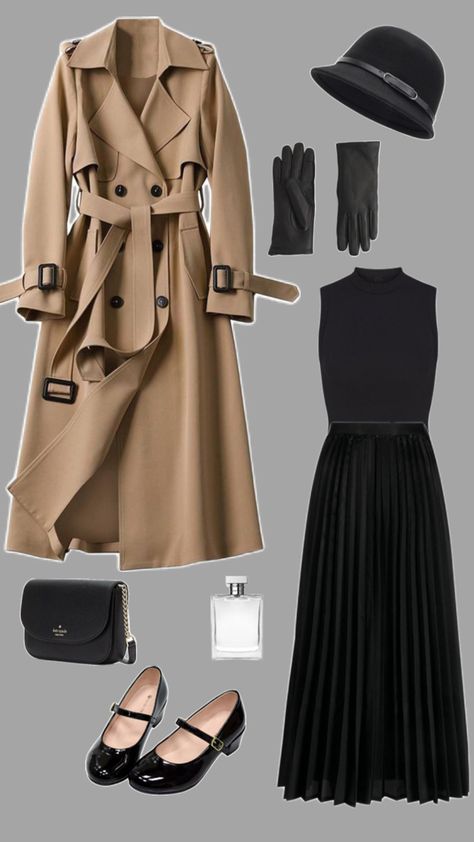 Trench coat outfit, coat outfit inspo, all black outfit, chic Autumn outfit Cloche Hat Outfit, Chic Fall Outfit, Hat Outfits, Am I Crazy, Hat Outfit, Chic Fall Outfits, Cloche Hat, Outfits With Hats, Leather Gloves