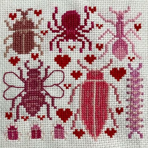 Candice | 🎵💕Can you feel the bugs tonight 🎵💕 The peace the crawling brings 🎵💕 New Love Bug Sampler available now on Etsy! Link in bio! Fabric:… | Instagram Bug Enthusiast, Valentine Cross Stitch, Stitch Valentines, Red Cross Stitch, Cross Stitch Fonts, Valentines Patterns, Small Cross Stitch, Love Of Your Life, 1 Tattoo