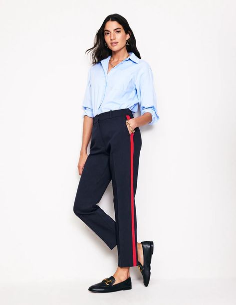 Kew Side Stripe Pants - Navy w/side stripe | Boden US Side Stripe Pants, Side Stripe Trousers, Pant Women, Tunic Leggings, Stripe Pants, Blouse Pants, Trouser Pants Women, Red Pants, Trouser Style