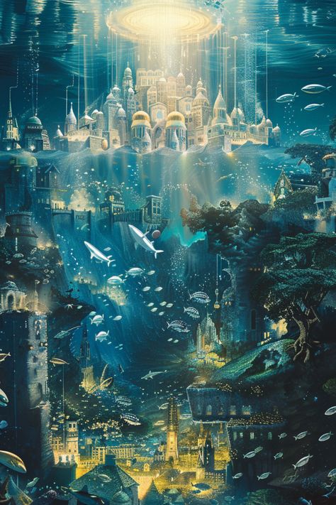 #aiart #underwater #atlantis Underwater Palace Fantasy Concept Art, Underwater Kingdom Fantasy Art, Atlantis Art Underwater City, Belize Painting, Atlantis The Lost Empire Aesthetic, Underwater Facility, Underwater City Concept Art, Underwater City Fantasy Art, Atlantis Painting