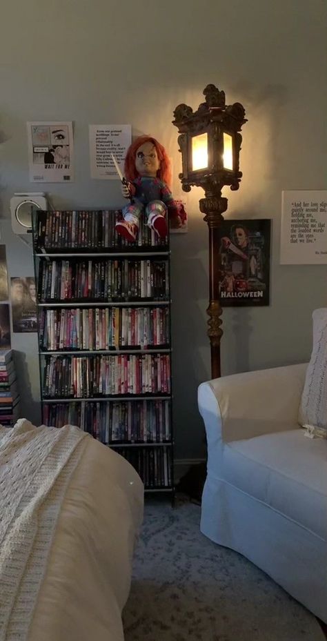 Movie Lover Bedroom, Horror Movie Room Aesthetic, Dvd Collection Aesthetic, Horror Bedroom Ideas, Dvd Aesthetic, Horror Bedroom, Apartment Bed, Movie Bedroom, Vhs Collection