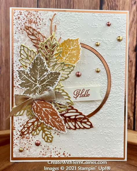 Gorgeous Leaves Cards using 2021-2022 Annual Catalog Page 96 Card Sketch Flyer (video) - Create With Terri Gaines Stampin Up Thanksgiving Cards 2022, Fall Cards Handmade, Thanksgiving Cards Handmade, Fall Greeting Cards, Autumn Cards, Retreat Ideas, Card Sketch, Leaf Cards, Fall Theme