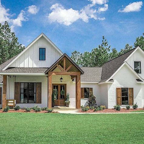 White Brown Exterior House, White Vinyl House With Wood Shutters, White Home With Cedar Accents, Wood Front Door And Shutters, Craftsman Home Exterior Makeover, Cedar Peaks On House, Farmhouse Exterior Ideas Brick, White House With Wood Trim Exterior, Stucco With Wood Accent