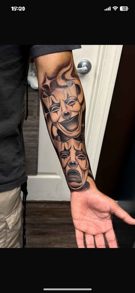 Two Face Tattoo Men, Half Arm Sleeve Tattoos Men, Mask Tattoo Men, Oldies Tattoo Ideas, Chicano Arm Tattoo, Laugh Now Cry Later Tats, Smile Now Cry Later Tats, Eye Tattoo Neck, Front Arm Tattoo Men