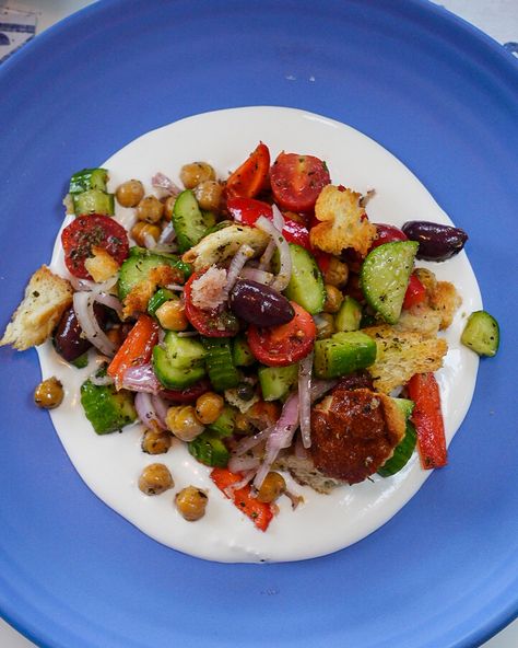 Santorini Salad with Whipped Feta Santorini Salad, Baby Tomatoes, Crispy Chickpeas, Whipped Feta, Greek Cooking, Cold Salad, English Cucumber, Kalamata Olives, Greek Salad