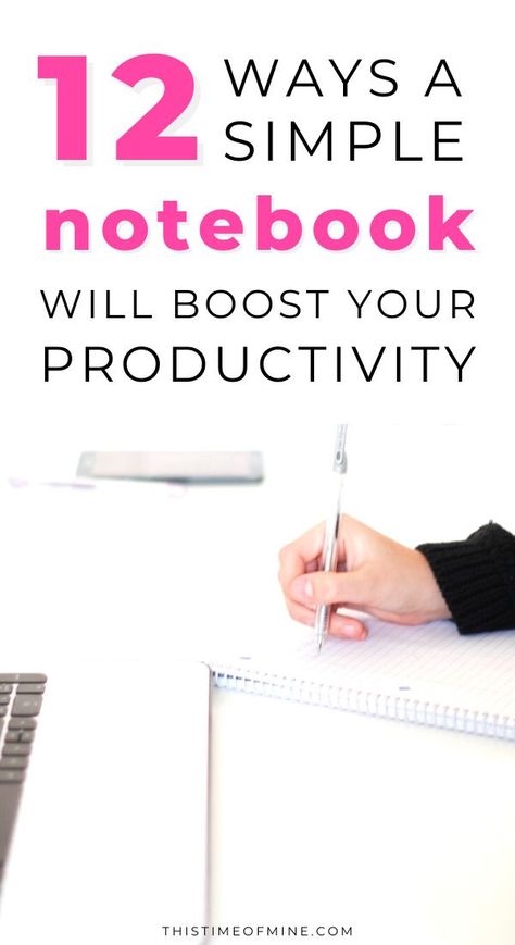 Ready to take your productivity up a notch? Find out how to keep your entire life organized and get more done with a simple blank notebook! Productivity tools | productivity tips | notebook | planner | planning | productivity hacks | scheduling | goal setting | journal | to-do list | busy parents | mom hacks | time management #productivity #productivitytips #productivitytools #thistimeofmine How To Journal For Productivity, Organization And Productivity, Work Productivity Hacks, Work Notebook Organization, Productivity Methods, Busy Mom Planner, Goal Setting Journal, Productivity Journal, Better Organization