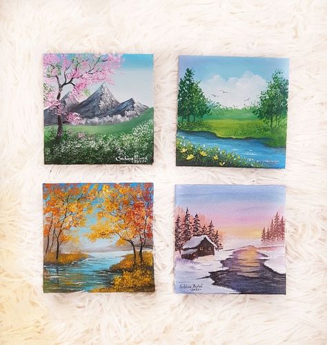 4season Painting, Oil Painting Aesthetic, Painting For Wall Decor, Painting For Wall, Mini Toile, Canvas Art Painting Acrylic, 달력 디자인, Sky Art Painting, Painting Aesthetic