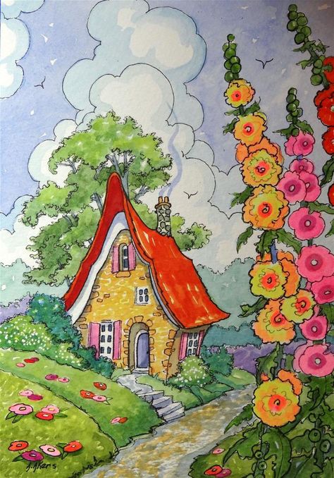 "At the Edge of the Road Storybook Cottage Little House series" original fine art by Alida Akers Watercolor Cottages, Alida Akers, Cottage Paintings, Art Deco Cottage, Cottage Illustration, Storybook Art, Storybook Cottage, Marjolein Bastin, Canvas For Beginners