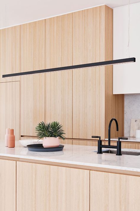 The Beacon Lighting LEDlux Strix 1800mm 2400 lumen LED dimmable pendant in black Kitchen Led Lighting, Beacon Lighting, Kitchen Lighting Fixtures, Kitchen Pendants, Kitchen Pendant Lighting, Stylish Kitchen, Kitchen Lighting, 인테��리어 디자인, Dream Kitchen