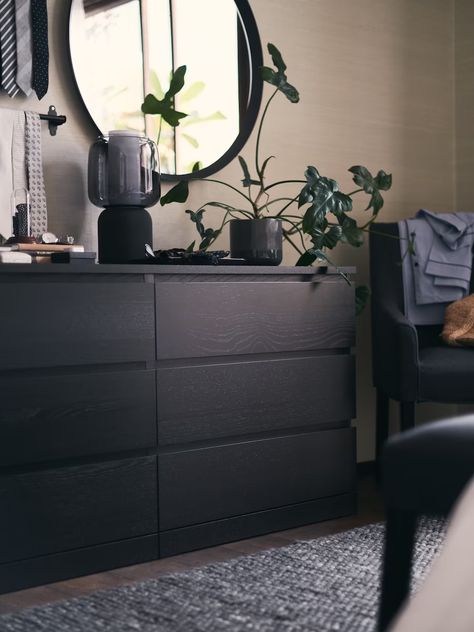 MALM 6-drawer dresser, black-brown, 63x303/4" - IKEA Black Dresser In Bedroom, Hemnes Bedroom Ideas, Ikea Malm Bedroom Ideas, Hemnes Bedroom, Ikea Kullen, Dresser Aesthetic, Painted Bed Frames, Ikea Deco, Malm Bed Frame