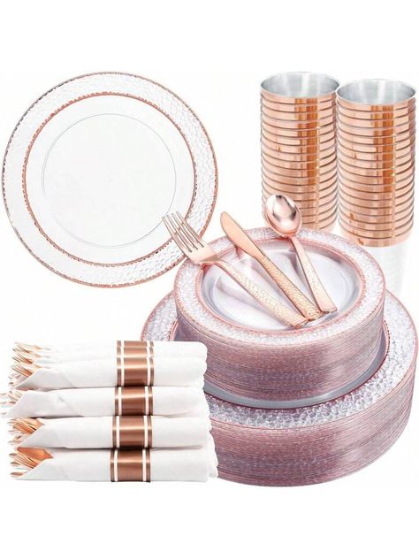 Liacere 350PCS Resuable Rose Gold Plastic Plates-Clear Rose Plates 50 Guests Include 50 Dinner Plates, 50 Salad Plates,50 Forks,50 Knives,50 Spoons,50 Cups,50 Napkins For Wedding&Party&Mother's Day | SHEIN USA Pink And Gold Plate Setting, Rose Gold Decorations, Rose Gold Silverware, Rose Gold Rims, Gold Fork, Napkins For Wedding, Napkin Rose, Gold Plastic Plates, Gold Silverware