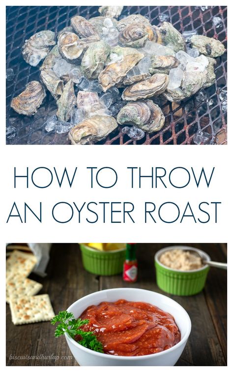 Roasted Oysters Grill, Oyster Roast Appetizers, Oyster Roast Birthday Party, Backyard Oyster Roast Party Ideas, Sides For Oyster Roast, 40th Birthday Oyster Roast, Oyster Roast Side Dishes, Oyster Roast Table, Oyster Dinner Party