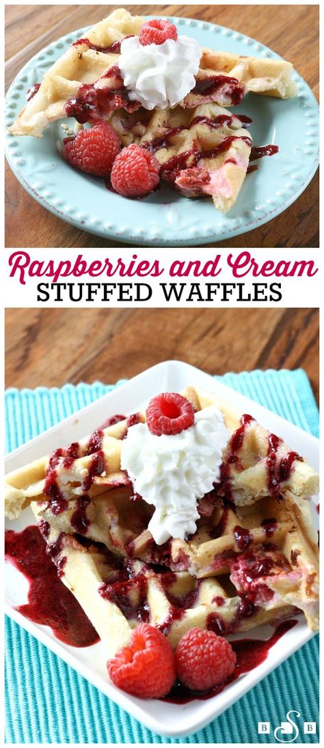 Raspberries and Cream Stuffed Waffles - Butter With a Side of Bread Belgian Waffle Mix, Stuffed Waffles, Making Waffles, Make Waffles, Weekend Brunch Recipes, Crepes And Waffles, Waffle Maker Recipes, Breakfast Specials, Raspberry Recipes