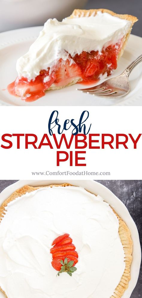 Have any leftover strawberries from your last fruit picking? Use those fresh strawberries to make a homemade strawberry pie! Sweet strawberry filling in a flakey butter pie crust topped with a light and airy whipped cream... This strawberry pie recipe is perfect for a hot summer's day or a 4th of July party! Fresh Strawberry Pie Recipe, Homemade Strawberry Pie, Whipped Cream Pie, Easy Cream Pie, Cream Cheese Pie Recipes, Butter Pie Crust, Leftover Strawberries, Strawberry Cream Pies, Strawberry Pie Recipe