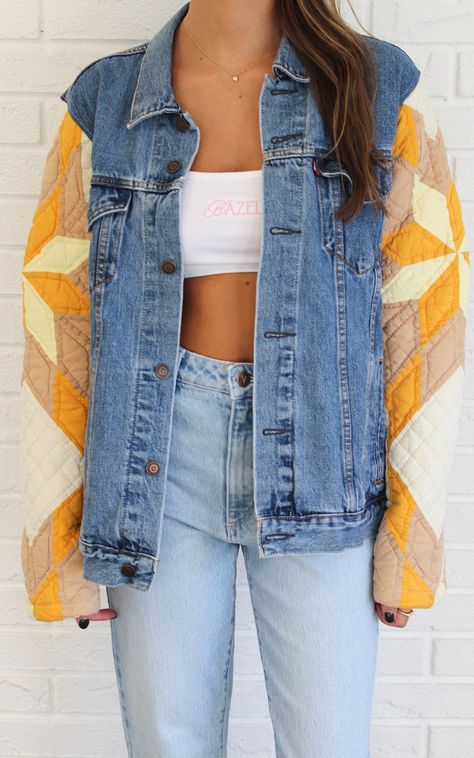 Shapeau Brand Oversized ONE OF A KIND Quilt Jacket Repurposed Quilt Jacket, Denim Jacket Quilt Back, Jean Jacket Quilt Patch, Denim Quilt Jacket, Quilted Jean Jacket, Granola Woman, Quilt Jacket Outfit, Fun Outfits For Women, Diy Quilted Jacket